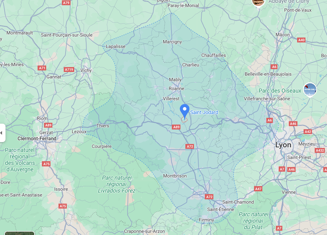 Rayon d'une heure autour de Saint-Jodard map saint-jodard loire
